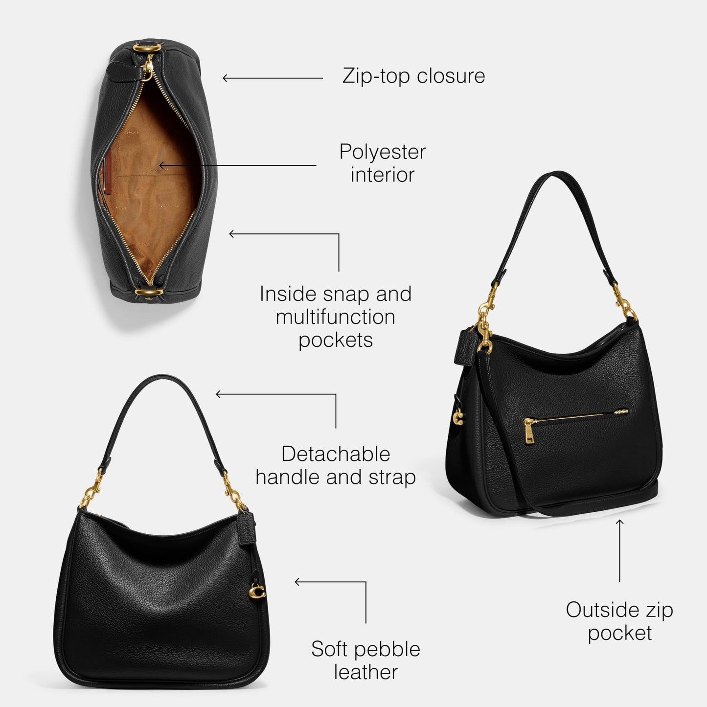 COACH Soft Pebble Leather Cary Shoulder Women’s Leather Bag - Zippered Closure - Exterior Back Pocket Black One Size One Size