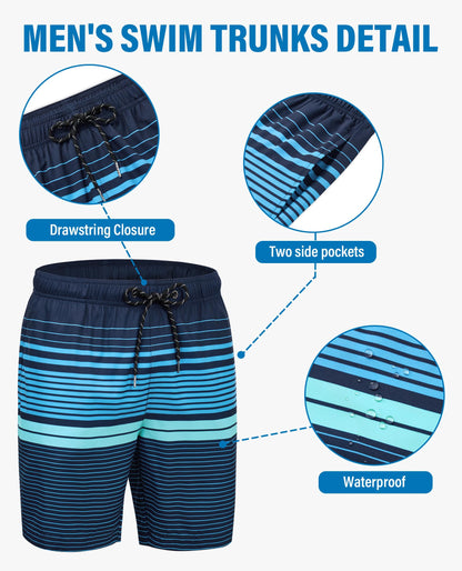 Gleeease Mens Swim Trunks 7 Inch Mens Bathing Suit with Mesh Liner 7 Inch Stretch Quick Dry Lined Pockets Drawstring Funny Beach Swimming Pool Surf Holiday Striped Large Swim Trunks