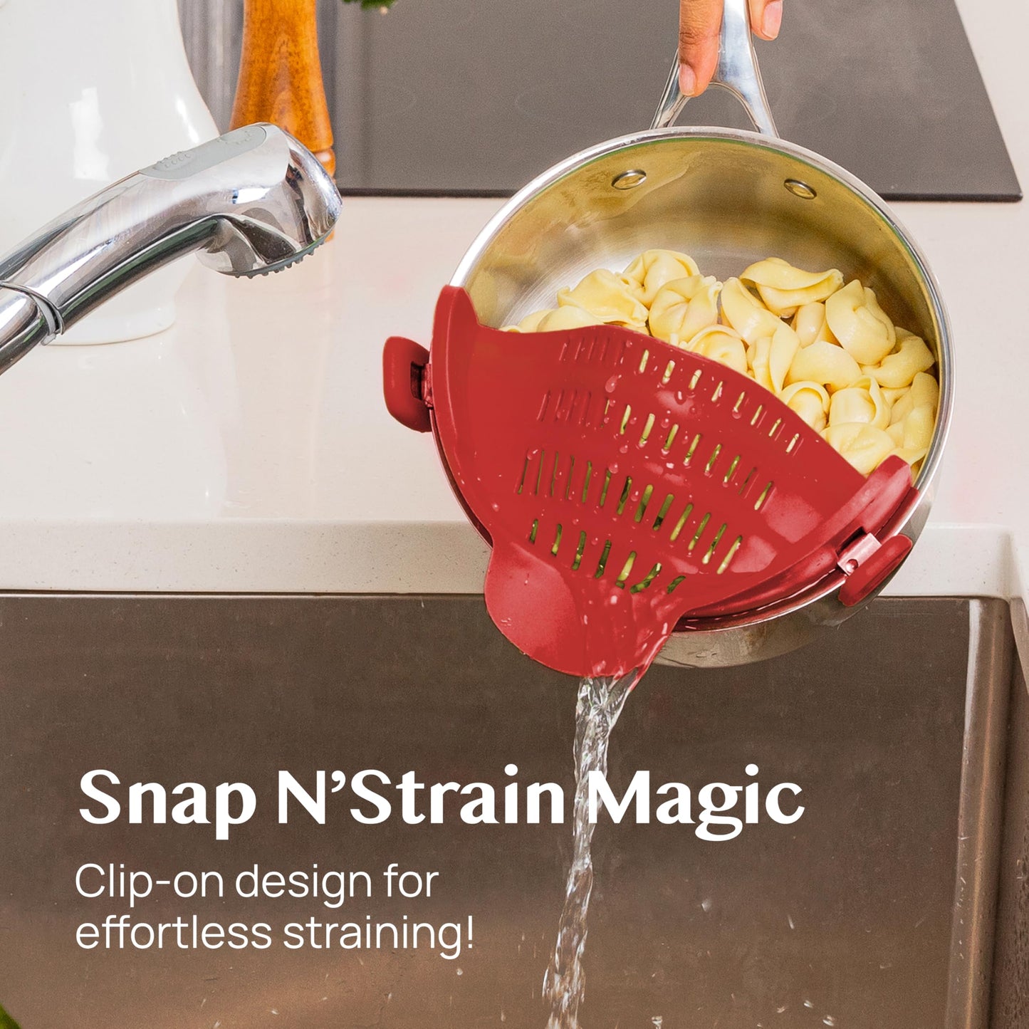 Kitchen Gizmo Snap N' Strain Clip On Strainer for Pots and Pans - Collapsible Silicone Pasta Strainer and Kitchen Gadget for Cooking - Easy to Use, Heat Resistant and Space Saving Colander - Green