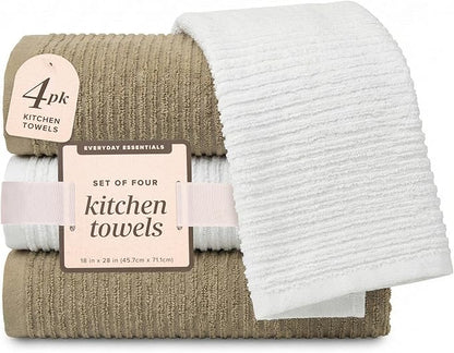 MosJos Kitchen Hand Towels Set of 4 Cotton Ribbed Taupe and White Hand Towels