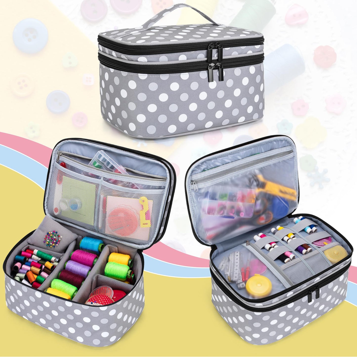 Luxja Double-Layer Sewing Accessories Organizer, Sewing Supplies Organizer for Needles, Thread, Scissors, Measuring Tape and Other Sewing Tools, Large/Polka Dots