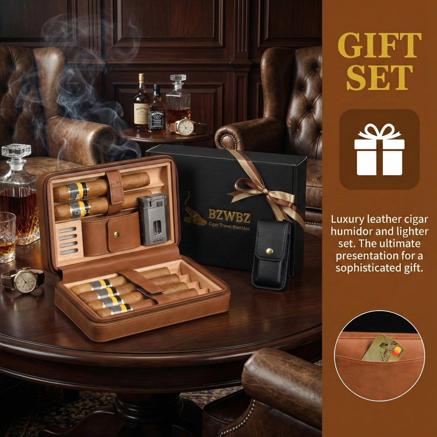 BZWBZ Travel Cigar Case Set,Torch Lighter with Cigar V Cutter, Hole Punch, Spanish Cedar Wood Humidor,Brown Leather