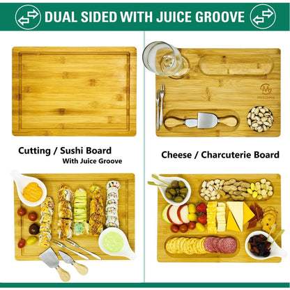PandPal Bamboo Cheese Board with Knife, Bowl, Fork Set, Wood Charcuterie Platter & Food Serving Tray for Wine Glasses, Misoph Collection