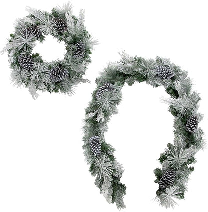 Fraser Hill Farm 24" Wreath and 6-Ft. Garland Set, Snow Flocked with Pinecones, FFCH002SET-0SN