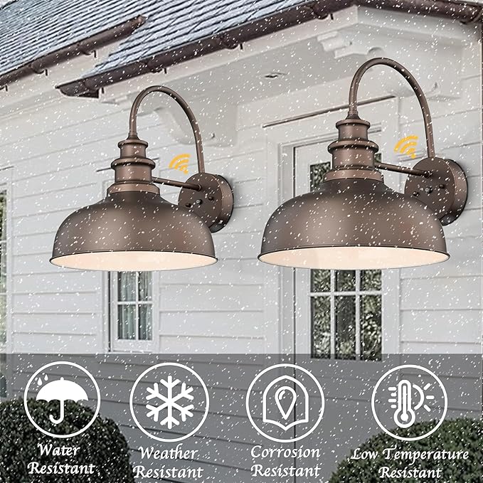 Bestshared 16 Inch Dome Large Dusk to Dawn Sensor Gooseneck Barn Light Anti-Rust Farmhouse Outdoor Wall Sconce Industrial Exterior Wall Lighting Fixture, Outside Lantern G (ORB+White, 16” Dome-1Pack)