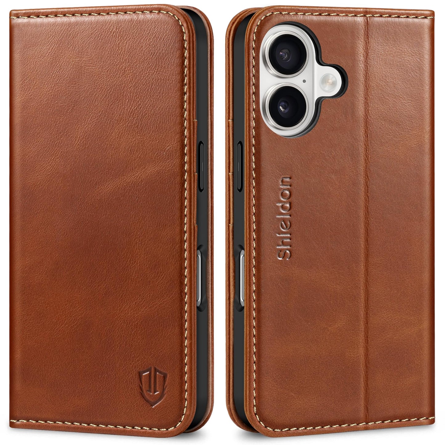 SHIELDON Genuine Leather Case Wallet for iPhone 17 6.3-inch 5G 2025 | Foldable, Magnetic Closure, Kickstand, RFID Blocking Credit Card Holder, Shock-Absorbent Phone Cover - Retro Brown