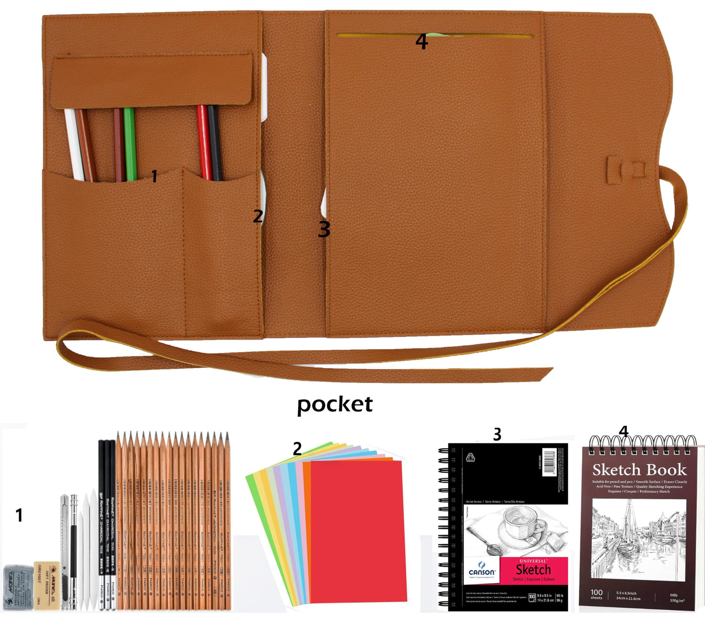 Drawing Book Cover Sketchbook Cover with Pencils Leather Artist Bag Artist Gifts Leather Art Book Cover for Sketchbook Journal Notebook (S for 5.5"x 8.5")