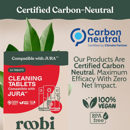 Roobi Compatible Cleaning Tablets for Jura. 24 Jura Cleaning Tablets for Automatic Espresso Coffee Machines. 100% Vegan, Carbon Neutral.