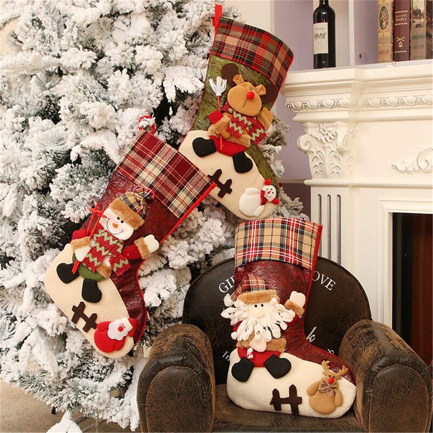 ETERAMUS 21 inch Plaid Christmas Stockings Deer, Bear, Animal One Piece, Felt Large Plush 3D Reindeer Snowman Design Hanging Stocking for Girls Boys Xmas Tree Mantel Party Decor (Green)