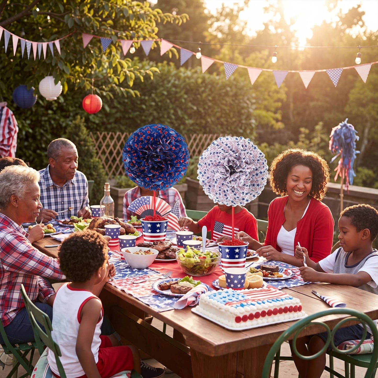 4 Set 18'' Large 4th of July Patriotic Table Centerpiece Decor DIY American Flag Metal Pail Bucket with 16'' Red White Blue Star Pom Pom 3D 250th Anniversary Table Decor Raffia