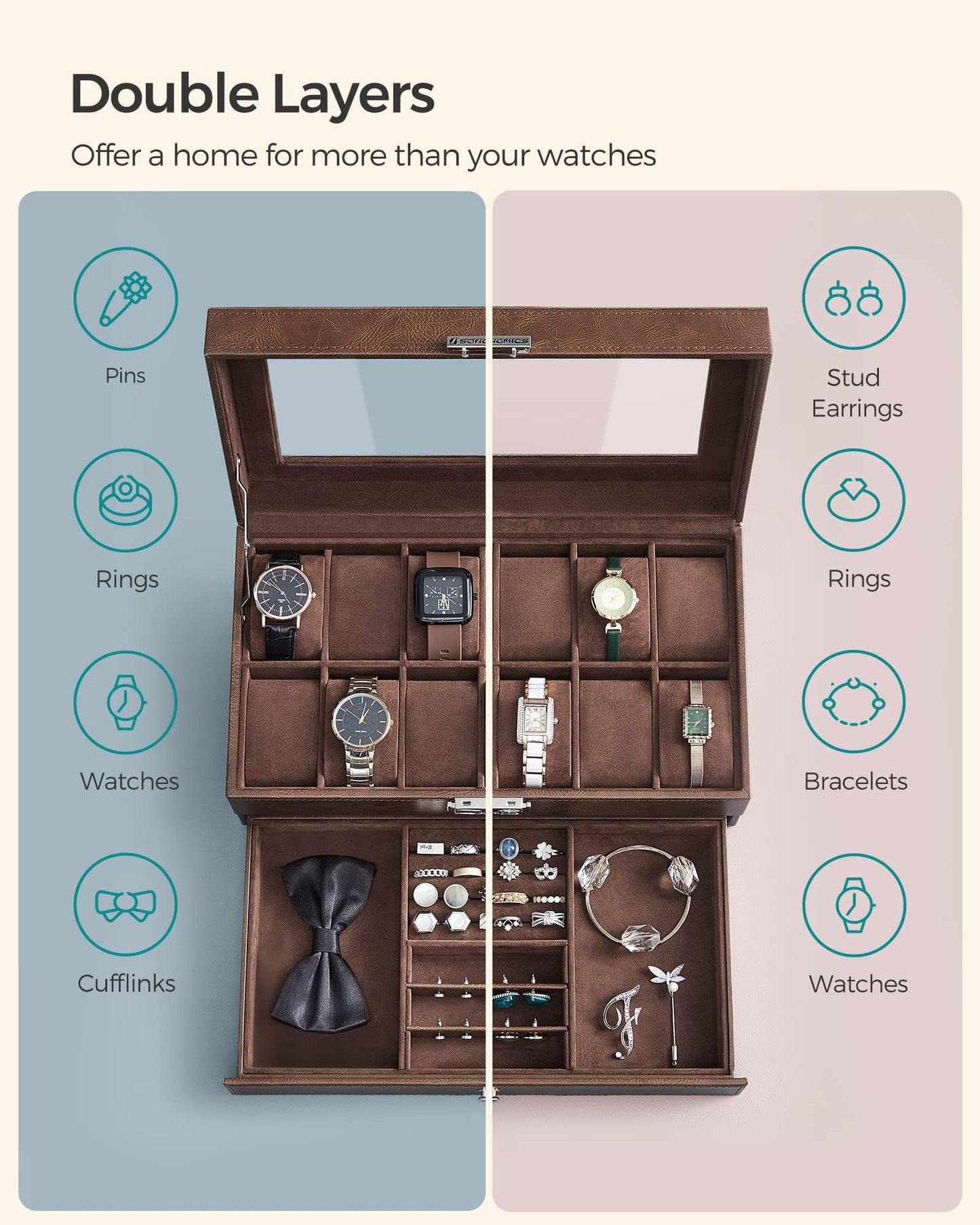 SONGMICS Watch Box, 12-Slot Watch Case Organizer with Large Glass Lid, 2 Layers, Removable Pillows, Metal Lock, Gift for Loved Ones, Brown Synthetic Leather, Brown Lining UJWB012K01
