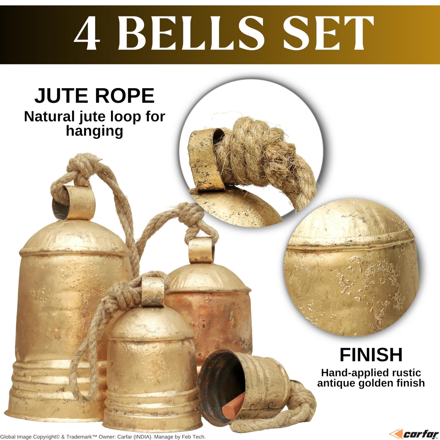 Set of 4 Rustic Metal Christmas Bells Large Hanging Brass-Gold Cowbells with Jute Rope | Farmhouse Wall, Porch & Holiday Decor