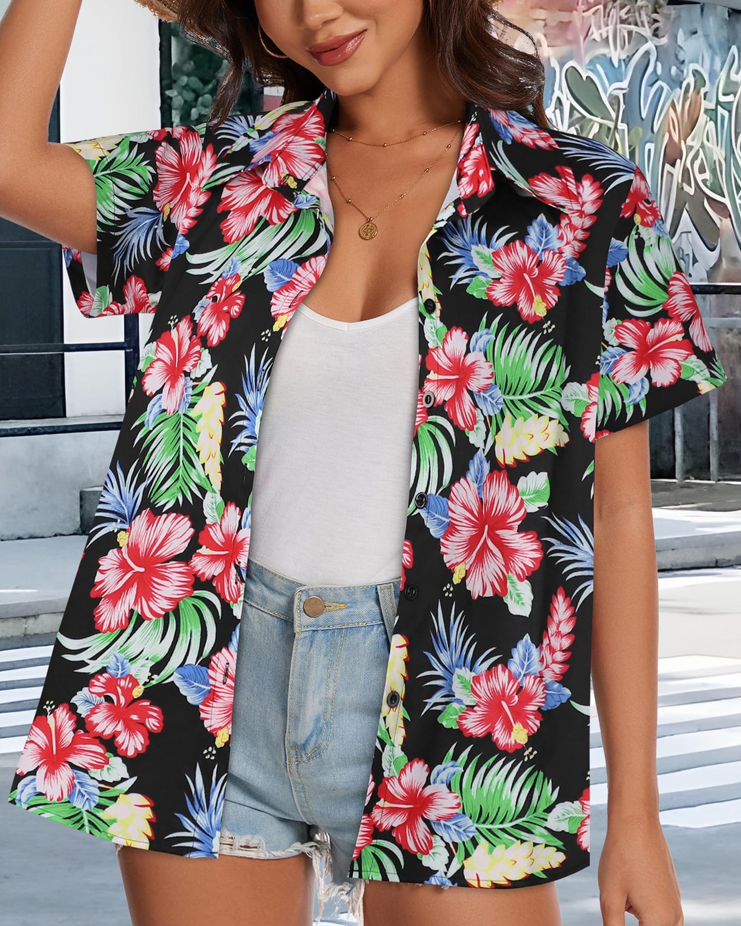 Women Hawaiian Shirt Button Down Summer Tops Beach Cool Short Sleeve V Neck Blouse(Red Black Floral,XL)