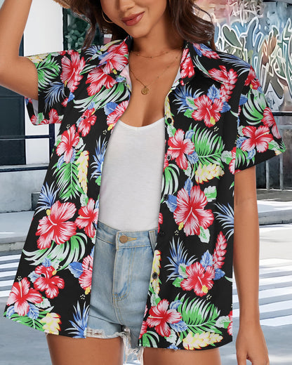 Women Hawaiian Shirt Button Down Summer Tops Beach Cool Short Sleeve V Neck Blouse(Red Black Floral,XL)