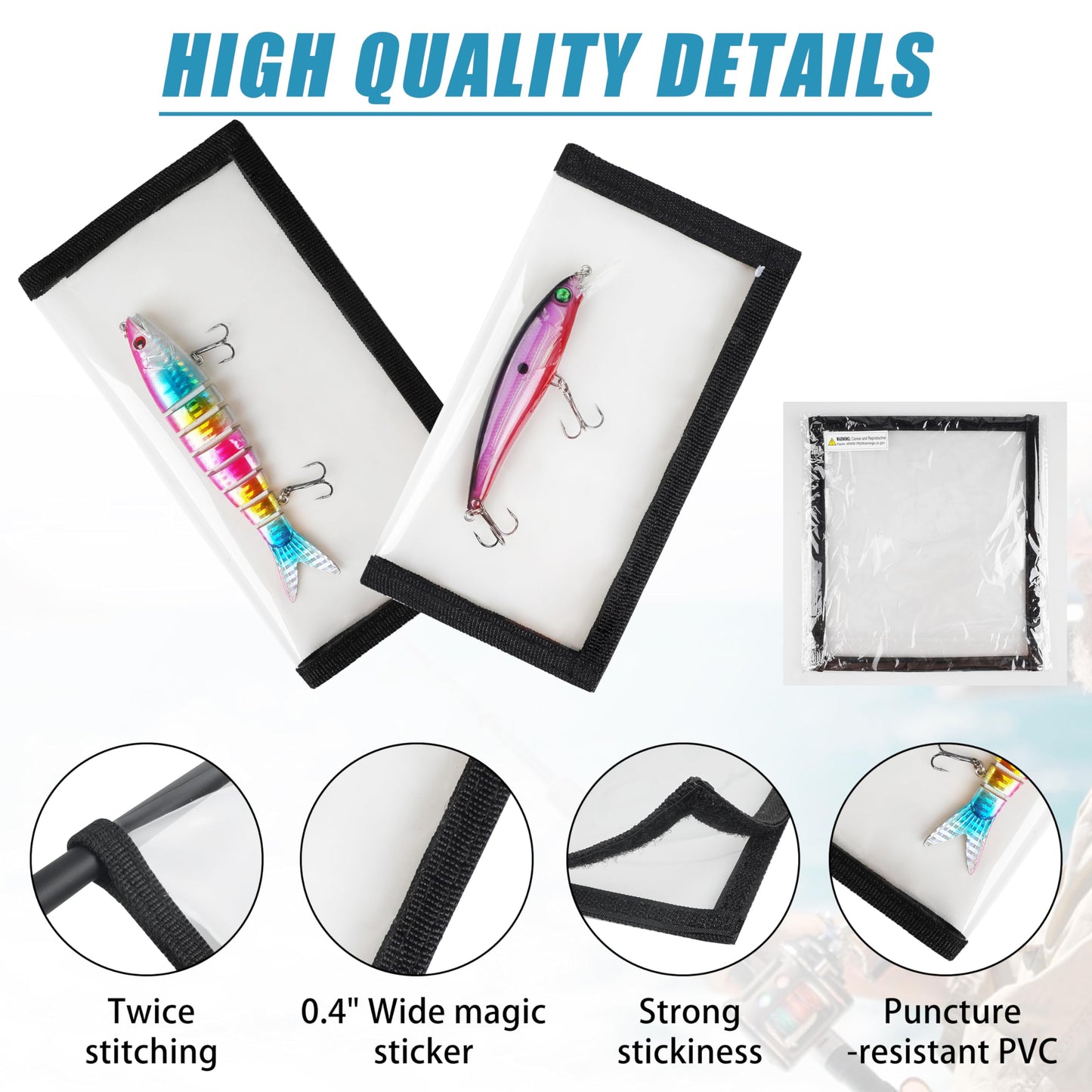 Fishing Lure Wraps for Fishing Rod with Velcro 4 Packs Bait Storage Covers Clear PVC Lure Protector Medium Large Sizes (M+L-BLACK-4PCS)