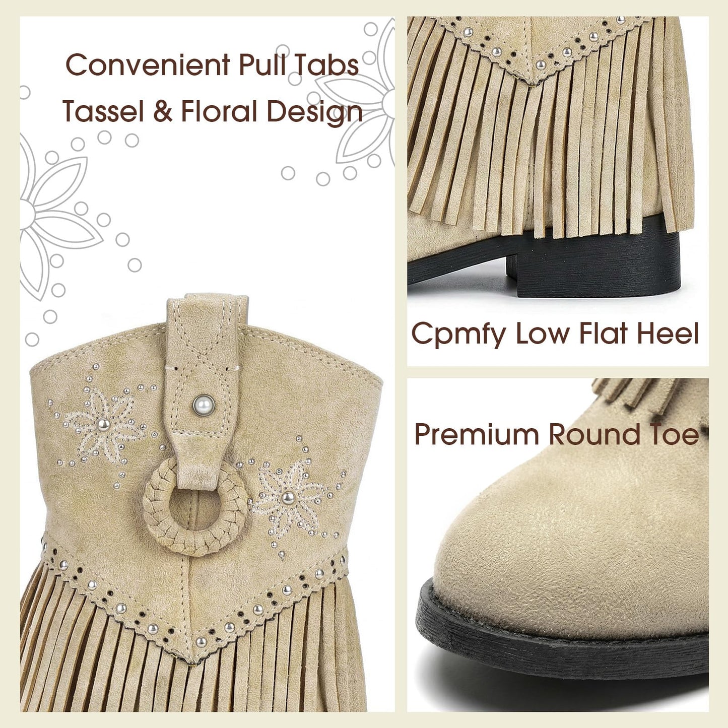 Choiran Fringe Cowgirl Boots for Girls - Floral Cowboy Boots for Little Kid/Big Kid/Toddler, Comfortable Non-Slip Suede Western Shoes for Daily, Rodeo Theme Party, Casual Wear