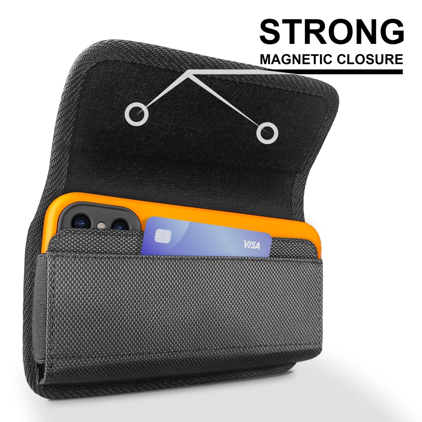 BOMEA Upgraded Nylon Holster for iPhone Pro Max & Plus Models 16 15 14 13 12 11, Cell Phone Belt Clip Holder for Samsung Galaxy S25+ S24+ S23+ S22+ S21+, ID Card Pouch for Men Fits Case on Black Large