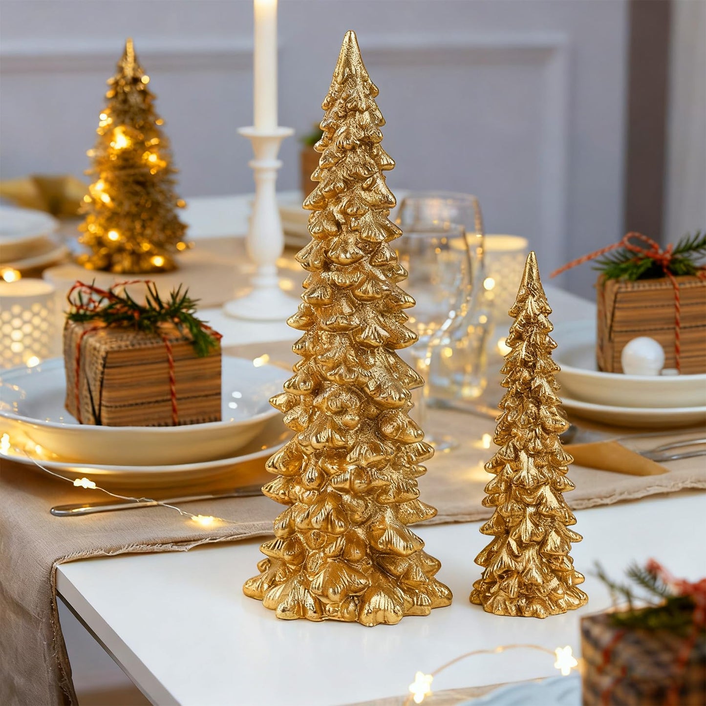 Set of 2 Gold Glitter Resin Trees,Small Pine Tree Figurines Decorative Christmas Trees Tabletop Centerpieces Decor for Christmas,Xmas,Holiday,9.6'' / 6.1''