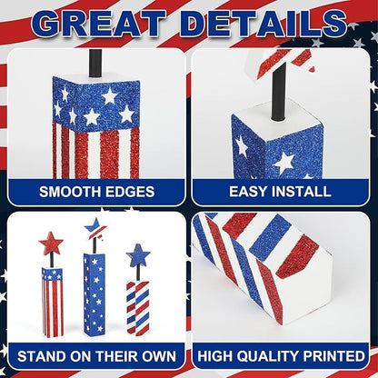 COCHIE 4th of July Decorations Set, Red White Blue Decor, Wooden Patriotic Memorial Day Tiered Tray Decor, Labor Day Decorations, Fourth of July Decoration for Home Office Table (Flag Shinny)