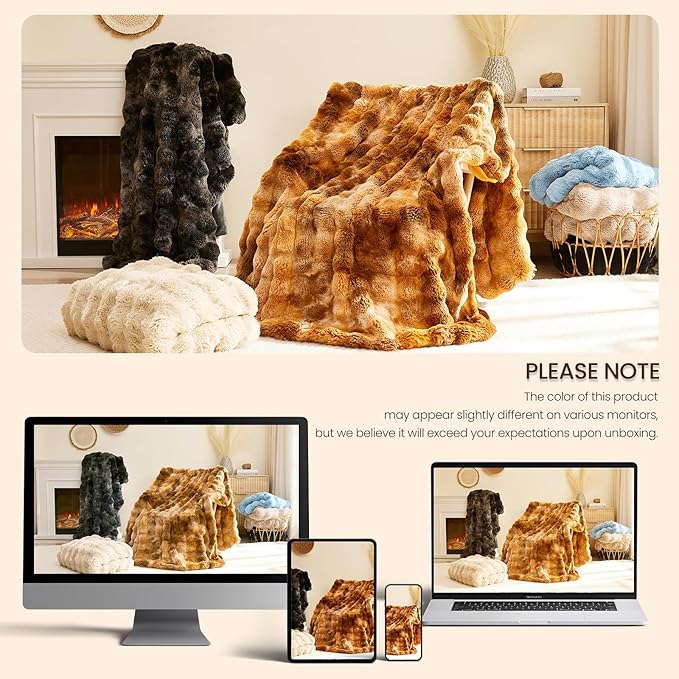 L'AGRATY Faux Rabbit Fur Blanket: 50" x 60" Luxury Soft Fluffy Thick Fur Throw Blanket for Couch Bed Sofa - Cozy Plush Bubble Blankets for Winter: Warm Flannel Fleece Decorative Blanket(Black)