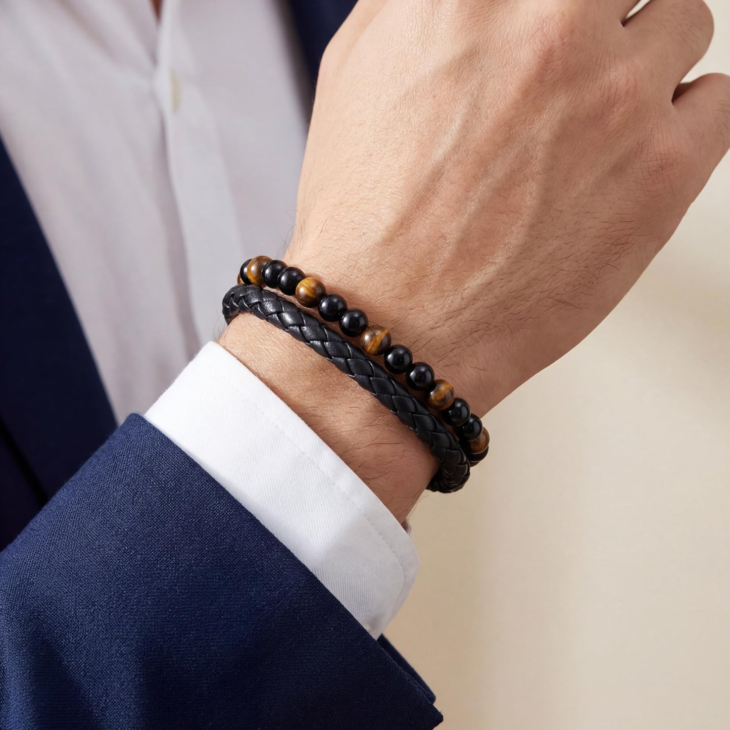 RANKEEF Mens Leather Bracelet - Tiger Eye Mens Beaded Bracelets to My Man Pulseras Para Hombres Leather Beaded Bracelets for Men