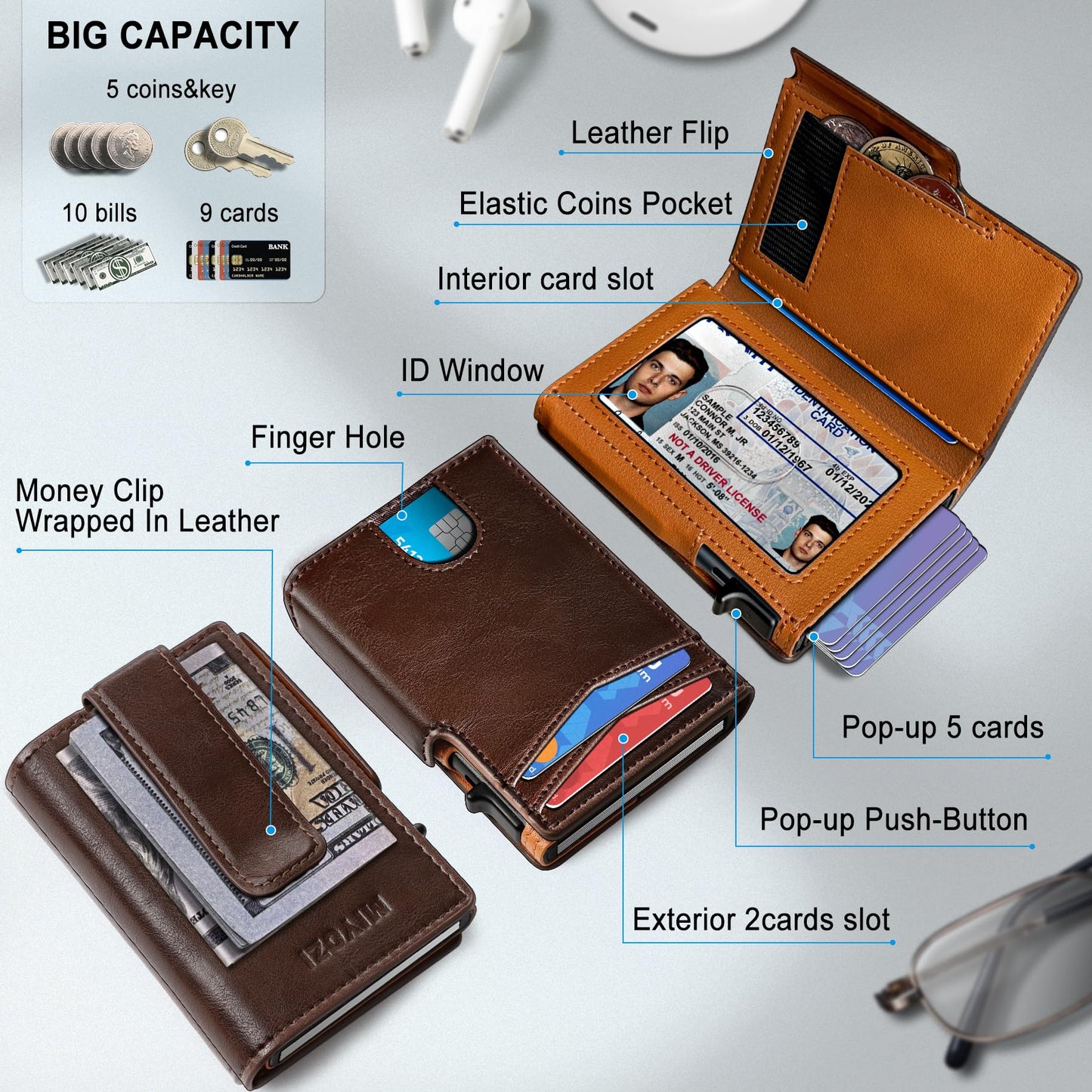 miyozi Men Wallet,with Money Clip Coins Pocket ID Window,Slim Front Pocket RFID Blocking Pop-up Card Holder 3.9"x 2.7", Gift Boxed