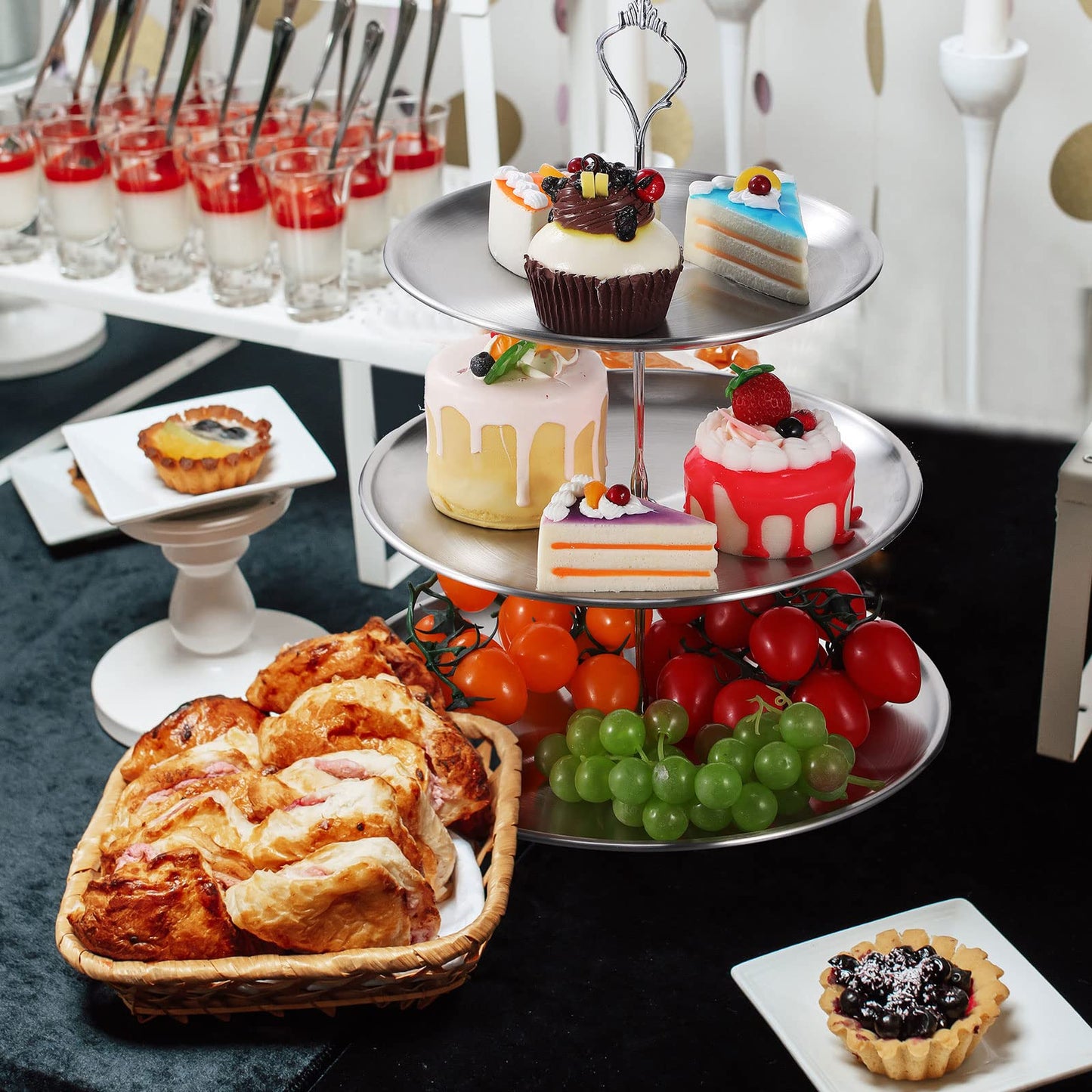 Gerrii Set of 2 Cupcake Display Stands 3 Tier Serving Tray Platters Stainless Steel Cup Cake Tower for Birthday Party Wedding Dessert Cookie Candy(Silver)