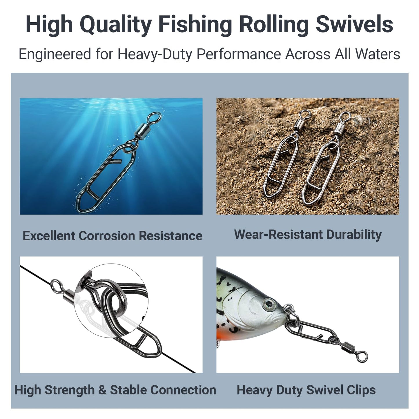 QISHUO Stainless Steel Fishing Swivels Lure Tackle Clips Snap Swivels Strength Barrel Saltwater Swivel Fishing Rolling Black Nickel, 50pcs, 54lbs