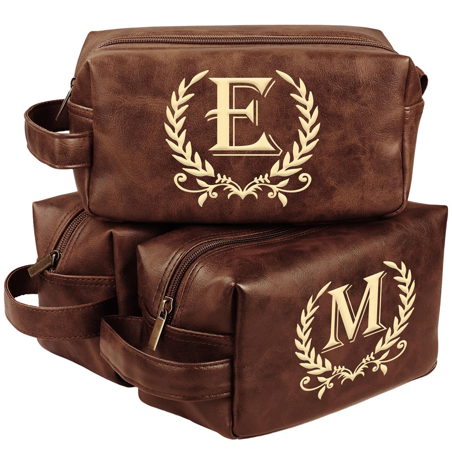 Engraved Letter Toiletry Bag Leather Waterproof Travel Kit, Personalized Gifts for Dad Husband Boyfriend - DarkBrown(E)