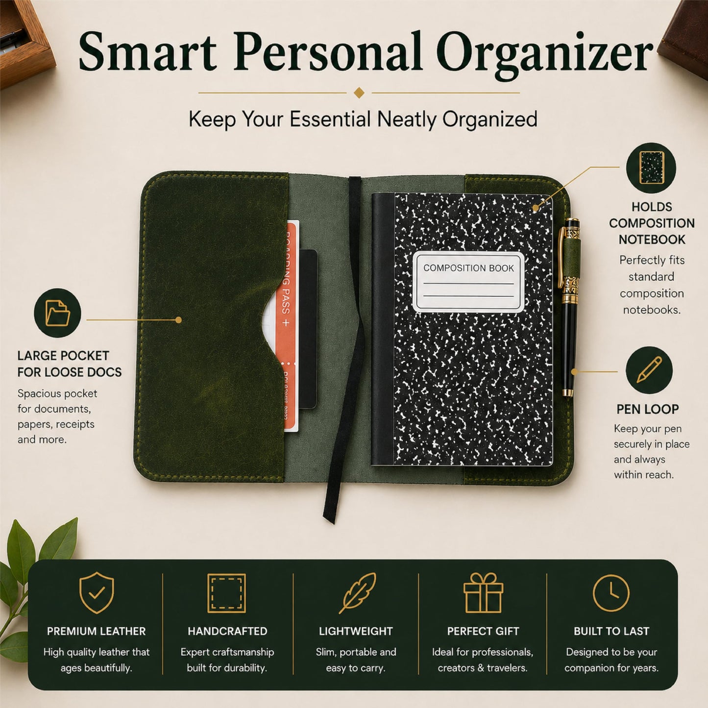 TheAntiq Leather Journal Cover XL – Handmade Refillable Notebook Holder with Pen Loop, Writing Organizer for Office, Travel & Professional Use 7.5 x 9.8- Green