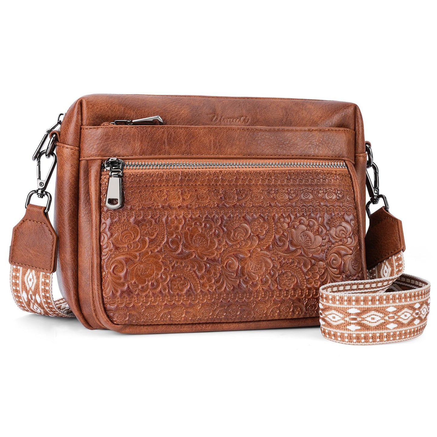 VIMUTI Crossbody Bags for Women Trendy,Leather Crossbody Purses Embossed Design,Multi Pocket Lightweight Shoulder Handbag (01-Brown)