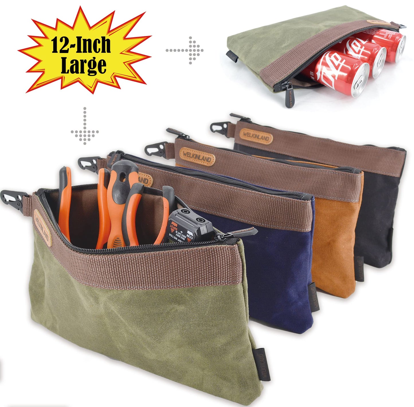 WELKINLAND Heavy-Duty Canvas Tool Pouch - 4PCS, 12" Waxed Canvas Zipper Tool Pouch
