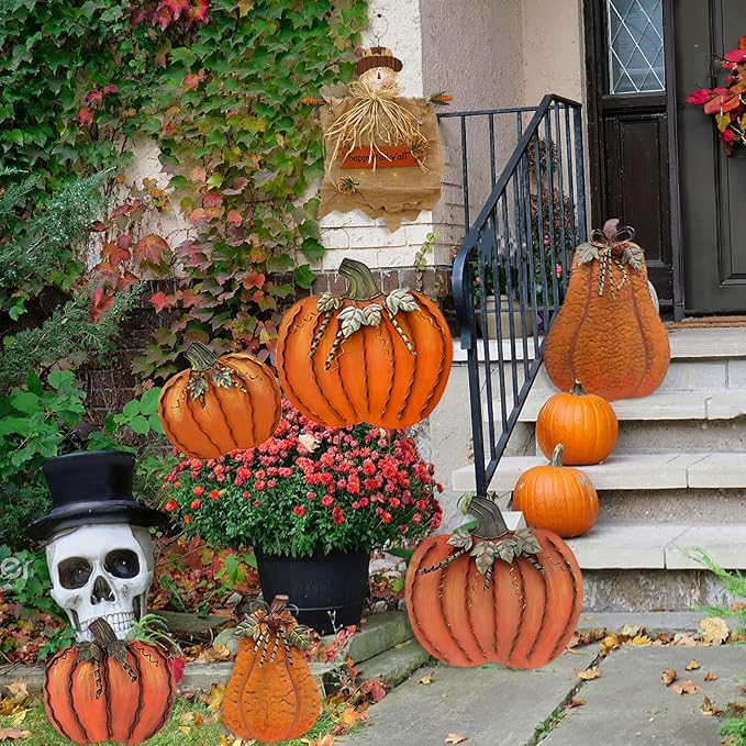 Metal Pumpkin Stakes Yard Signs Fall Decor Decorative Garden Stake Lawn Pumpkins Ornaments Outdoor Autumn Decoration for Harvest Halloween Thanksgiving (26" H Orange)