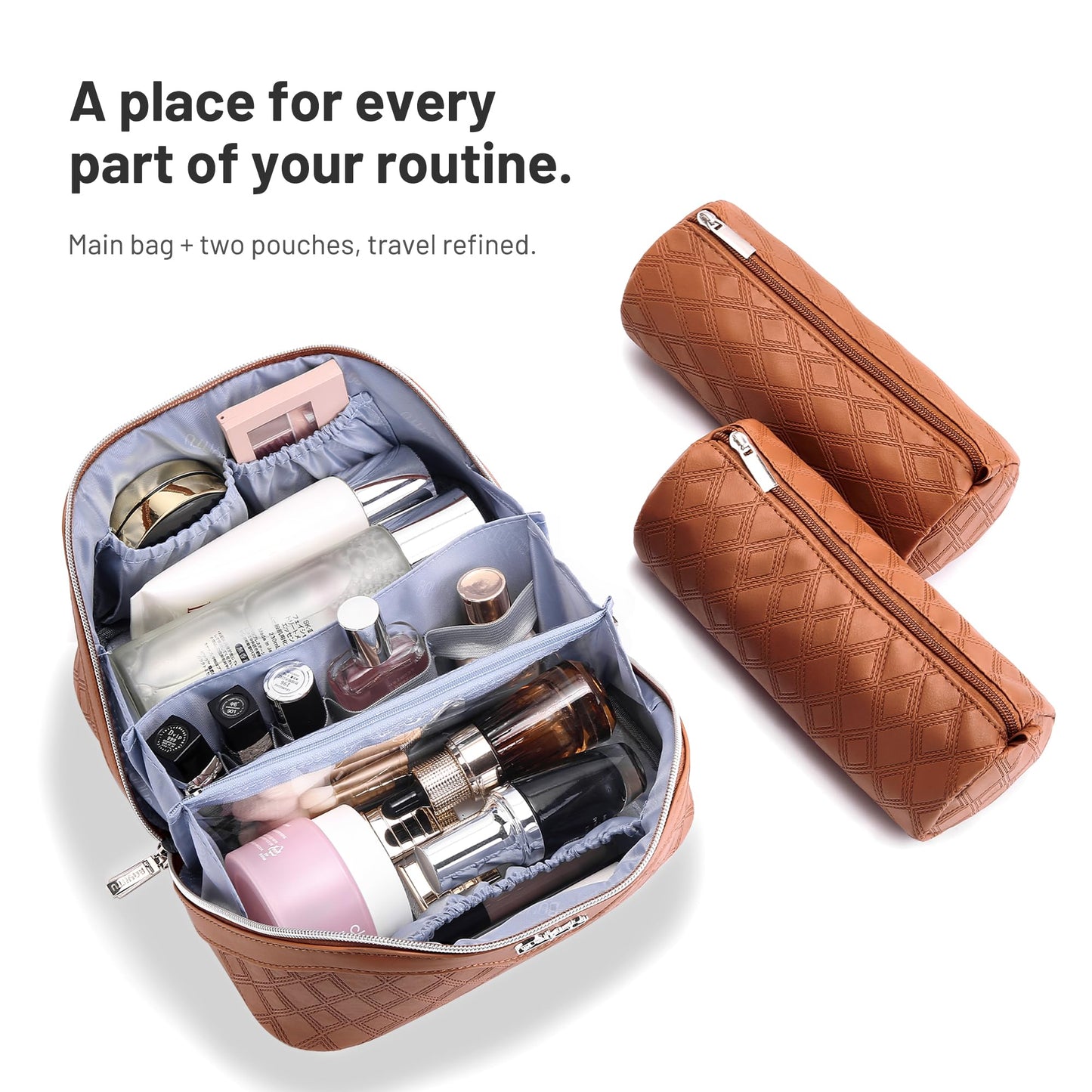 BOYATU Travel Makeup Bag for Women: Large Capacity 3-Piece Quilted Cosmetic & Toiletry Organizer - 2 Detachable Pouches Expand Storage by 50%, Open Flat for Easy Packing, Waterproof PU Leather(Brown)