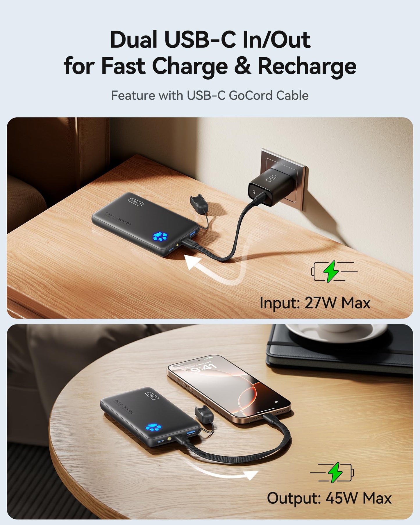 INIU Portable Charger, Ultra Slim 10000mAh 45W PD Power Bank, USB C in&Out Fast Charging Battery Pack, External Phone Powerbank Compatible with iPhone 16 15 14 13 Samsung S22 S21 Google iPad etc
