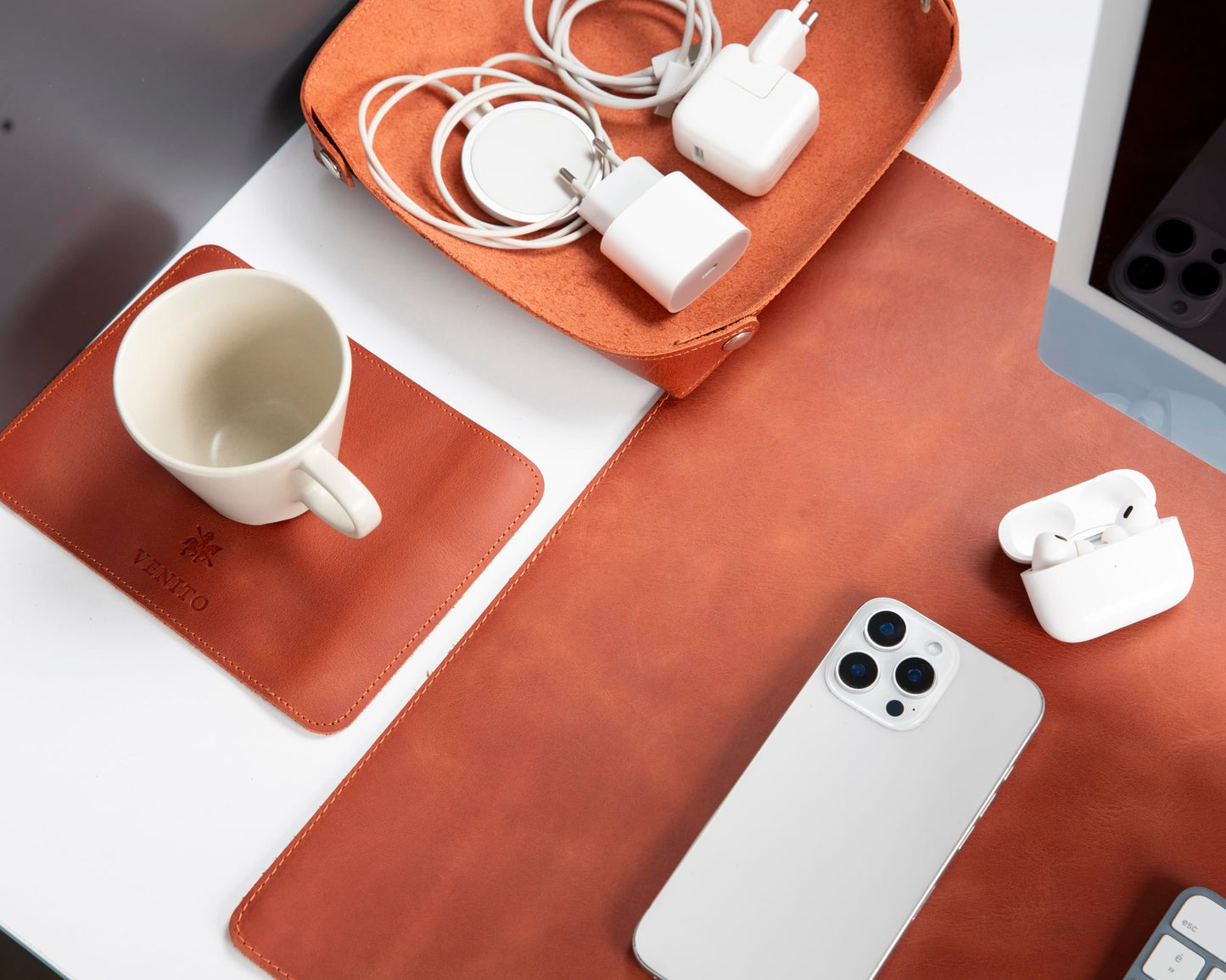 VENITO Leather 3-in-1 Desk Mat Set – Desk Mat (32"x16"), Organizer Tray & Cup Coaster – Full-Grain Leather Desk Pad for Office & Home – Elegant Workspace Accessories for Men & Women, Cinnamon