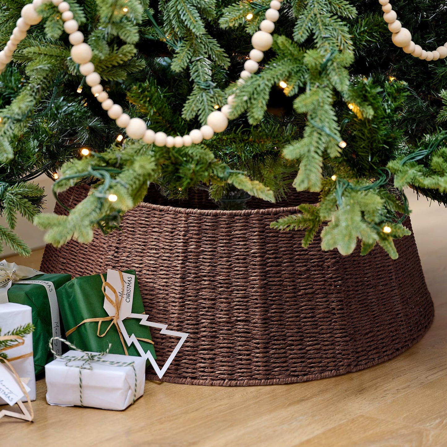Hommtina Christmas Tree Collar- 33",Christmas Tree Base Christmas Basket Collar for Home, Living Room,for Covering Tree Stand (Brown3, 33 in)