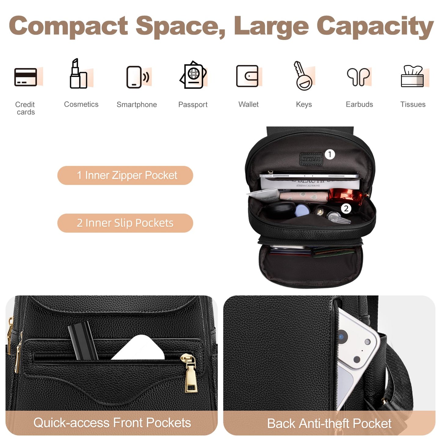 SYTRAH Mini Backpack Purse for Women, Causal Small Backpack with Built-in RFID Wallet & 11" Tablet Sleeve, Stylish Travel Daypack for Daily Black