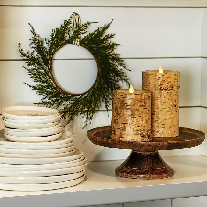 Luminara Real Birch Bark Wrapped Flameless LED Candle, 4" x 5.3", Battery Operated Moving Flame Pillar Light with Timer - Natural Decor Unscented