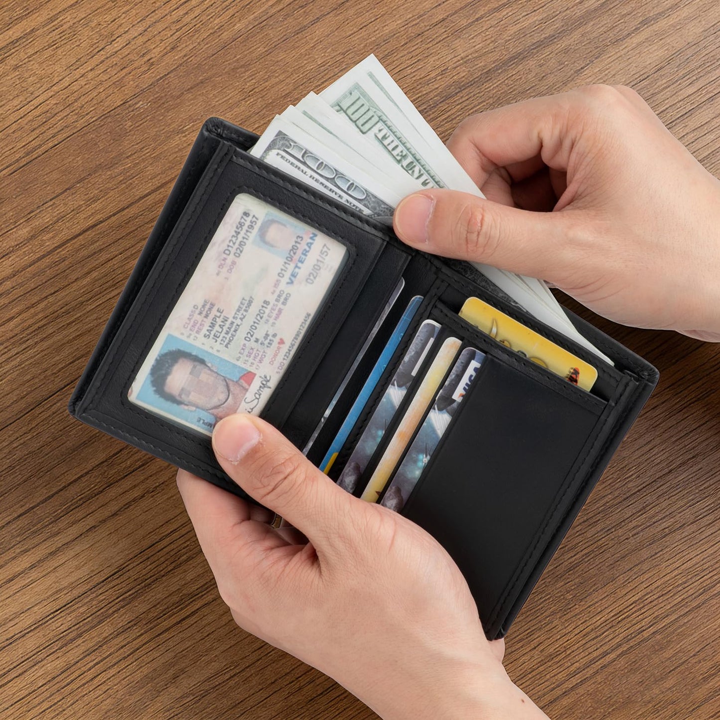 WULOUJIE Men's Leather Bifold Wallet | RFID Blocking 6 Card slot with 1 ID Window Genuine Leather Bi Fold Wallet for Men(Brown) (black)