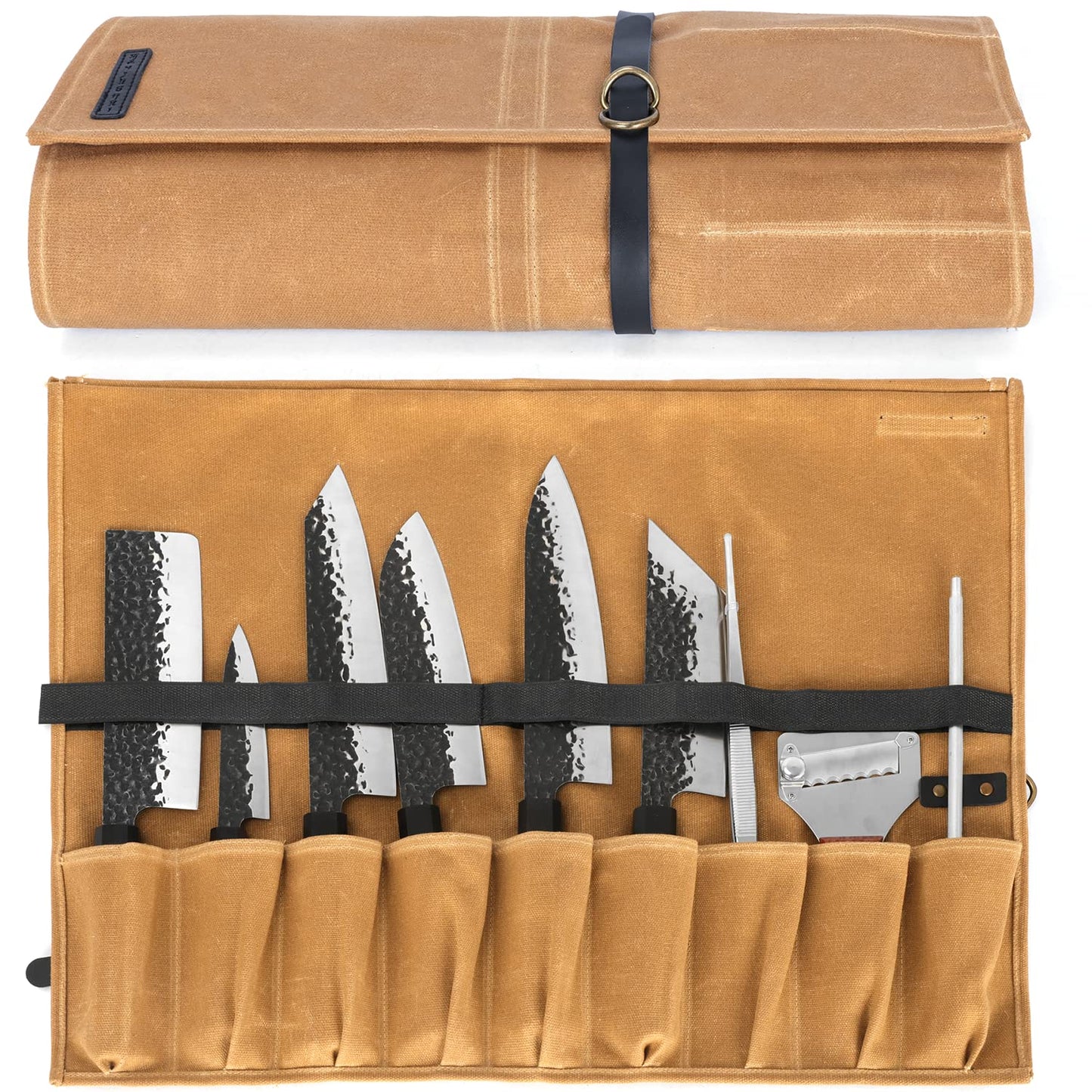 Manjushri Chef Knife Rolls with 9 slots- Canvas Knife Roll Bag with Genuine Leather Belt (Brown)