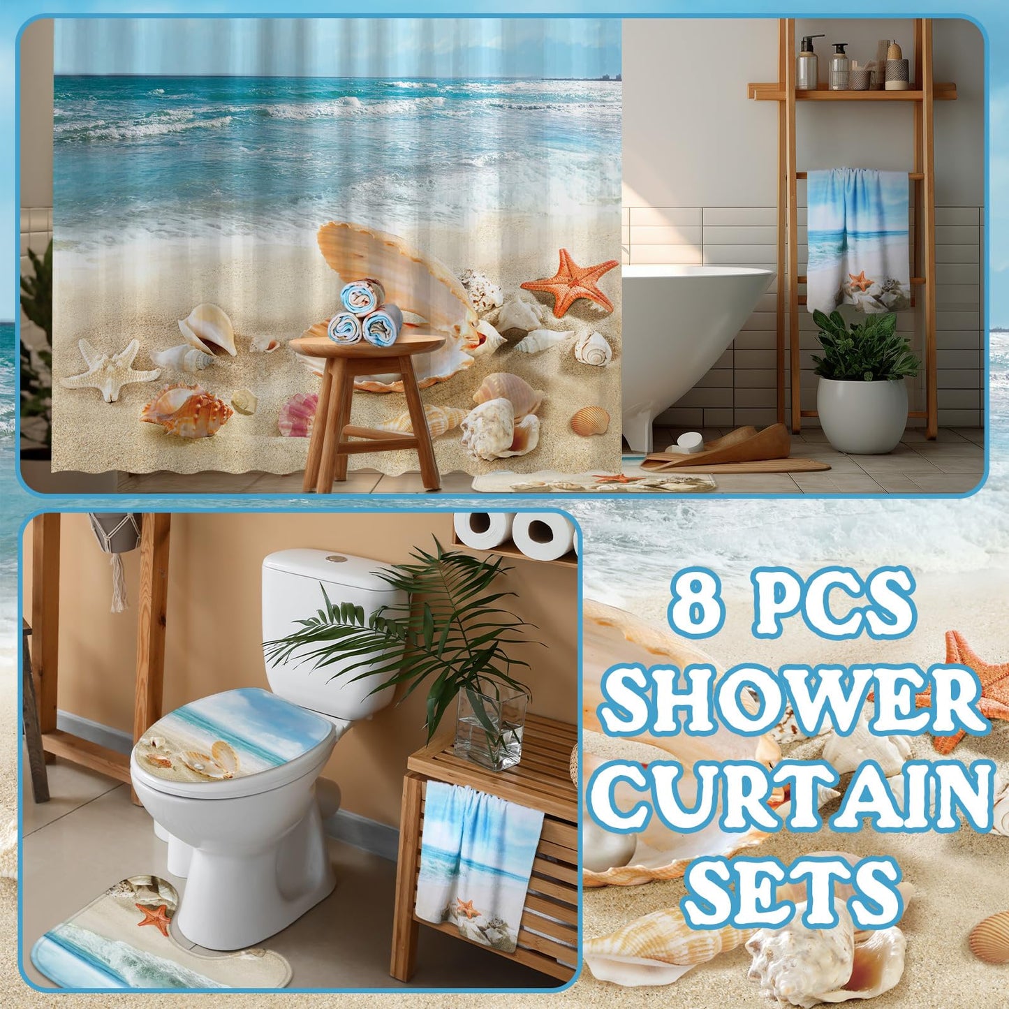 FuWeave 8 Pcs Summer Beach Shower Curtain Set Bathroom Decor Sea Ocean Waterproof Bathroom Accessories Shower Curtain Sets with Towels Carpet Bath Mat Toilet Rugs and 12 Hooks