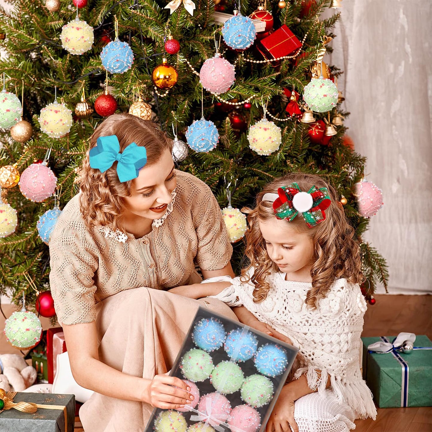Pastel Christmas Tree Ornaments Decorations, 12 Pcs 3.1 Inch Macaron Shatterproof Foam Christmas Ball Ornaments Set, Christmas Tree Hanging Pendants Xmas Tree Decoration