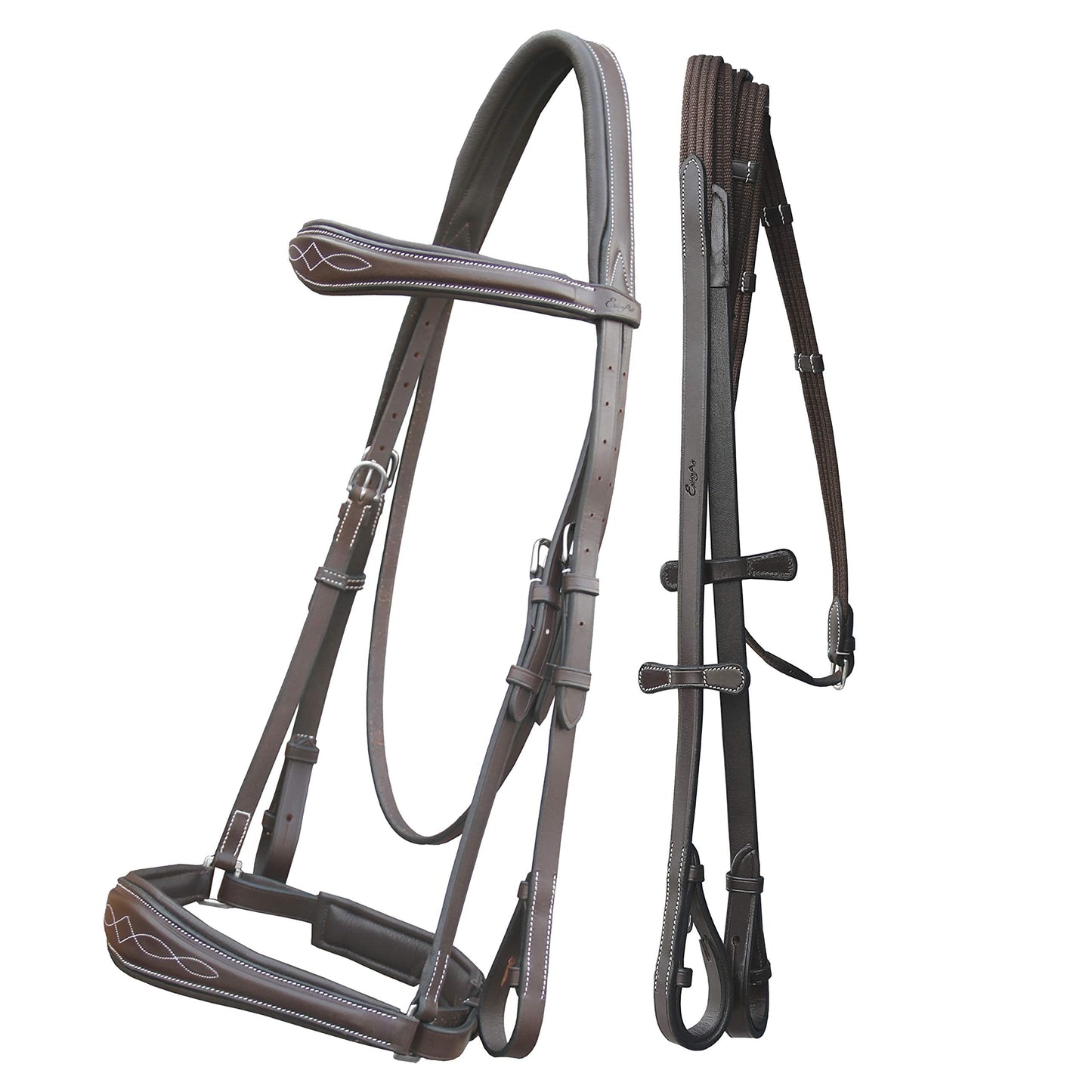 Exion Dressage Bridle for Horses – Anatomical Leather Bridle with Padded Noseband & Browband | Includes Web Reins with Hand Stoppers | Black & Brown | Cob, Full, Pony & Warmblood Sizes