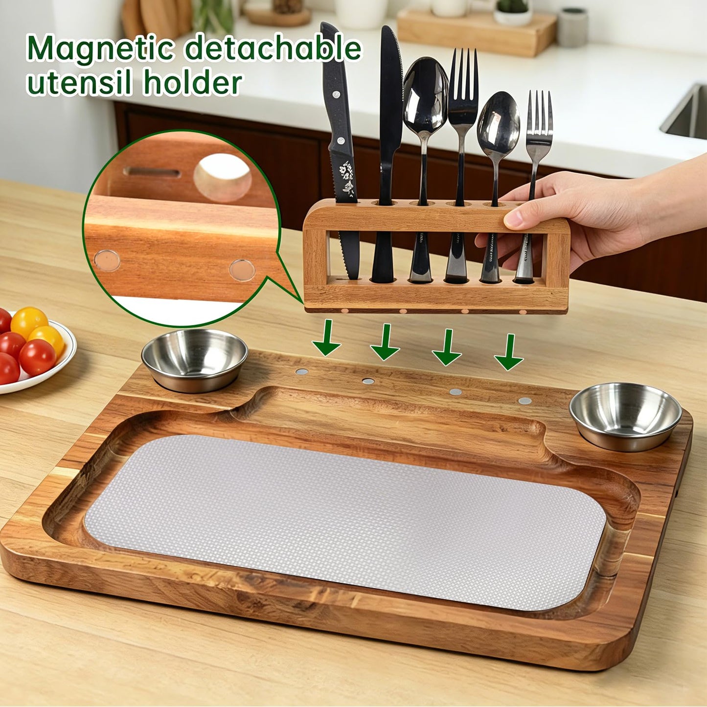 Acacia Wood Steak Board Set,16.5" Magnetic Charcuterie Board with Stainless Steel Scratch-Proof Cutting Surface Wooden Serving Platter with Cutlery & Sauce Cup for BBQ Dinner Party Housewarming Gift