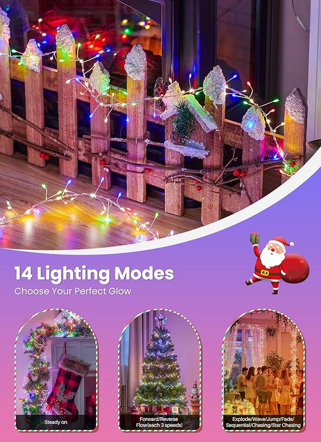 Flowing Fairy Lights Plug in with 14 Modes, 10FT 388LED Twinkle String Lights Indoor, Christmas Tree Lights Indoor Waterproof for Bedroom Christmas Home Room Decor, Multicolor