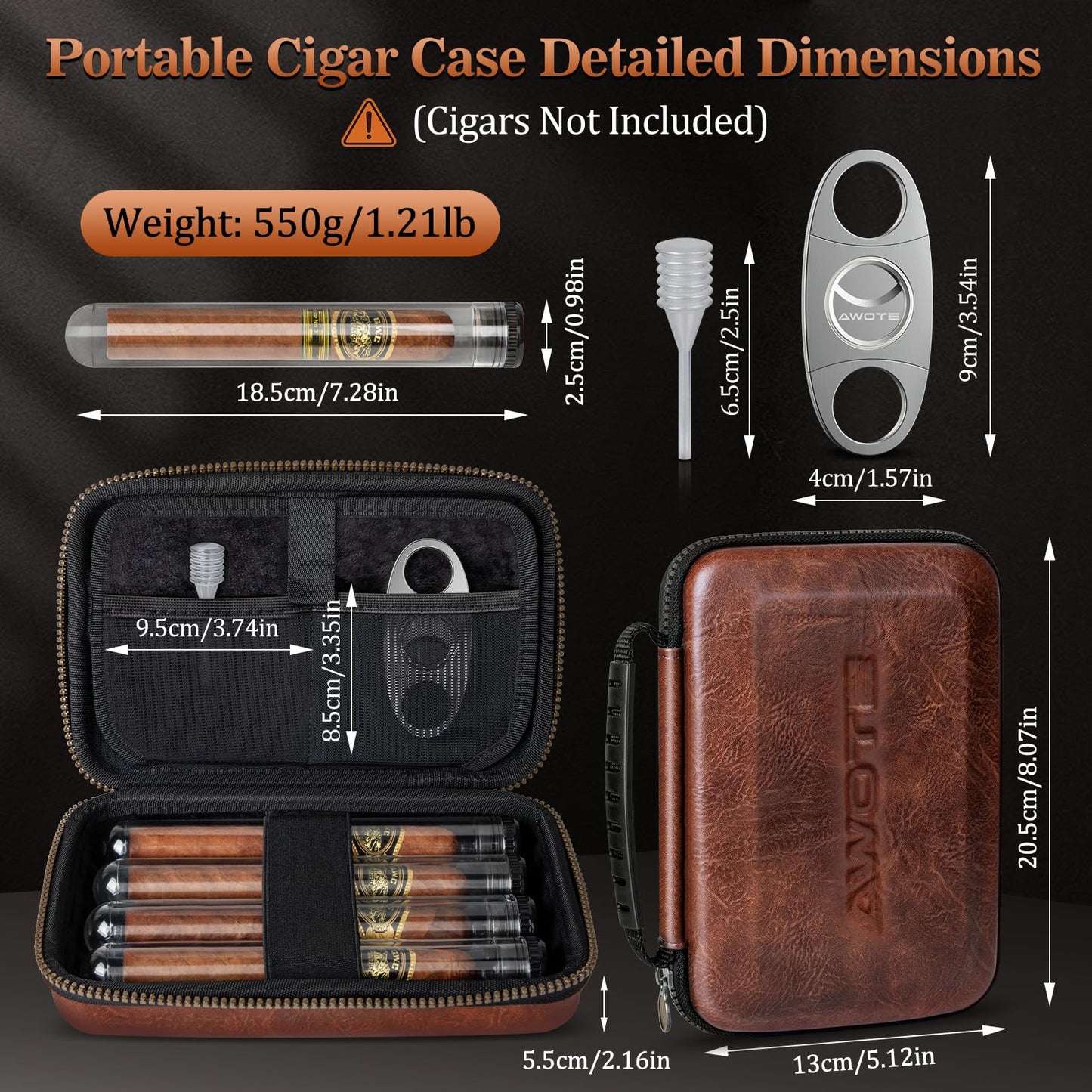 AWOTE Travel Leather Cigar Case with Cigar Torch Lighter, Cigar Bag with 4 Cigar Tubes, Include Cigar Accessories
