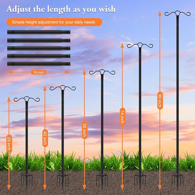 SINLEY Double Shepherds Hook for Outdoor with 5 Prong Base 90 Inch Heavy Duty Two Sided Bird Feeder Pole for Hanging Lantern,Hummingbird Feeder,Lightweight Plant,Shepherds Hook for Bird Feeders