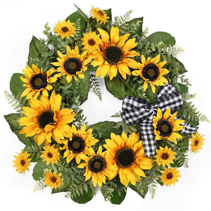 24 Inch Large Sunflower Spring Summer Wreath for Front Door, All Season Wreath with Bow Wreaths for Unique Housewarming Gift, Porch Wall Farmhouse Home Wedding Holiday Decor
