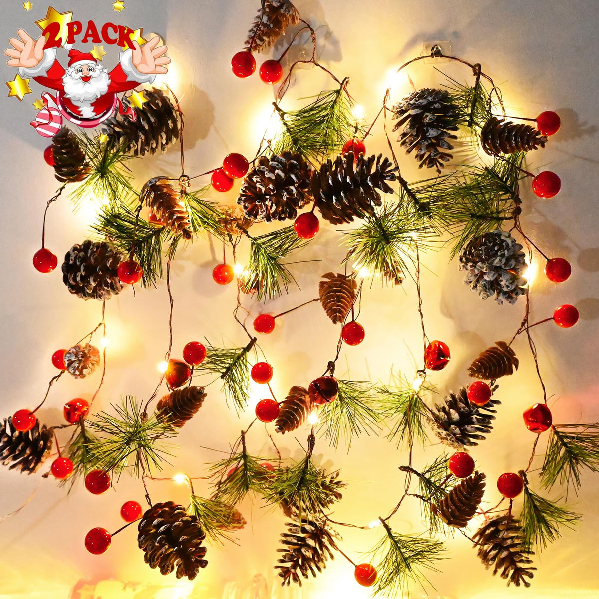 Christmas Pine Garland with Lights 13 Feet 40 LED Battery Operated Garland with Red Berry and Led Lights Xmas Tree Holiday Garlands for Home Windows Fireplace Stairs